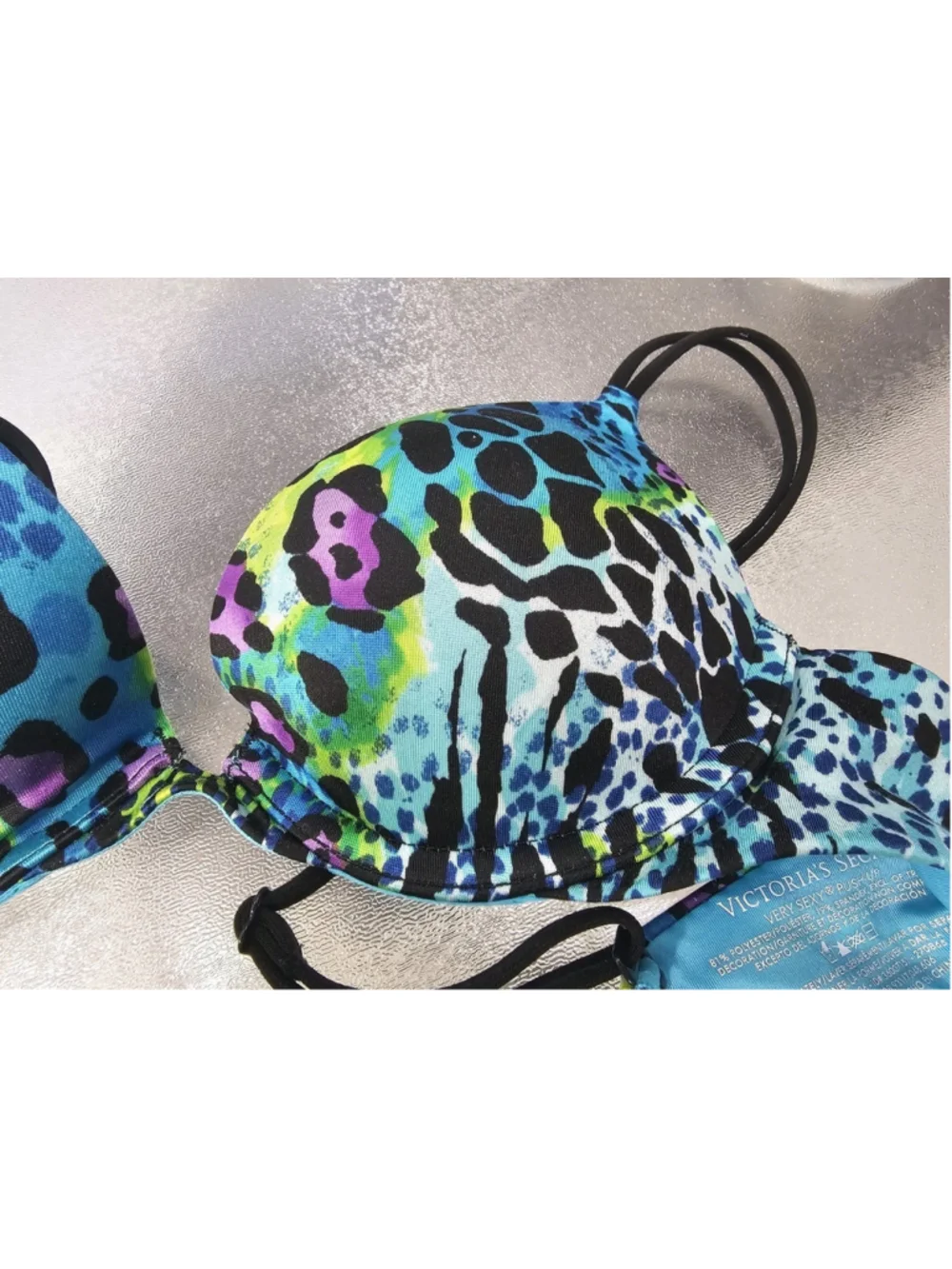 Victoria’s Secret neon leopard print padded Push Up Animal Print Blue Bra 34AA - Picture 2 of 9